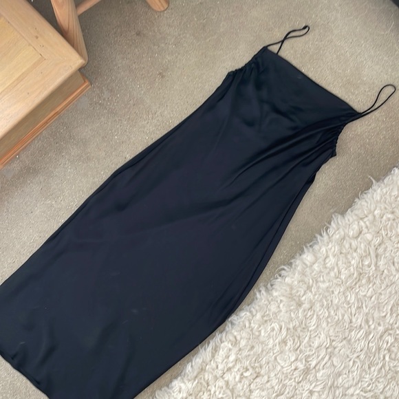 black occasion dress Weslyn Black Satin Lace High Slit Dress
